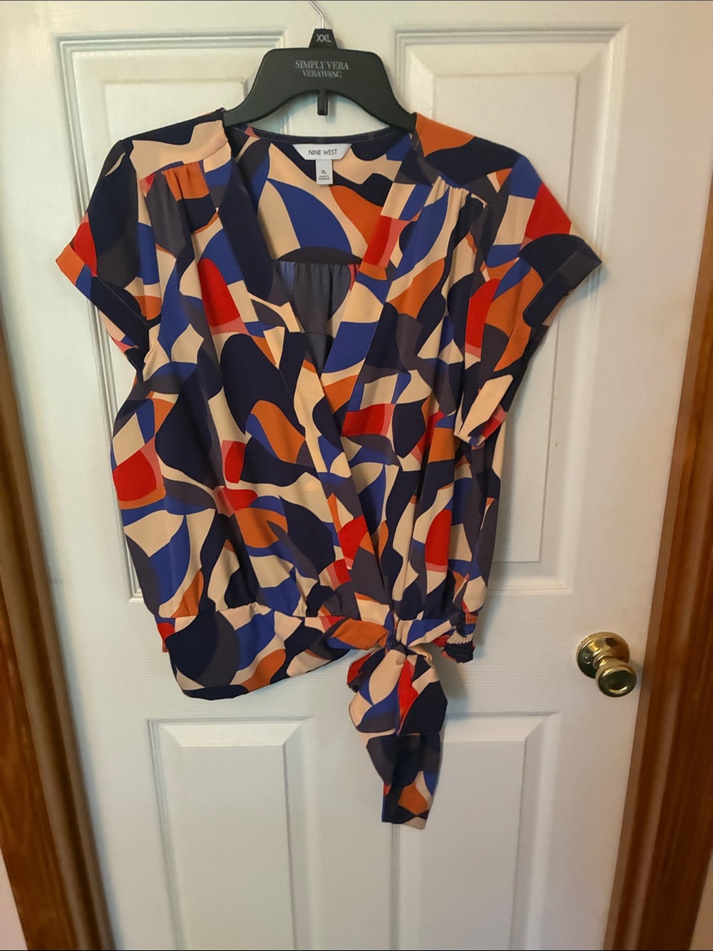 Nine West Navy Multicolor Abstract Tie-Waist Blouse
